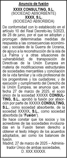Ejemplo de anuncio de fusión de sociedades